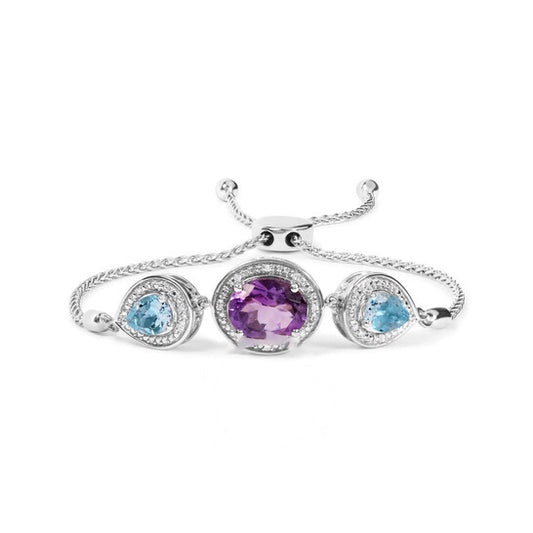 Original .925 Sterling Silver Oval Amethyst and Pear Blue Topaz with Diamond Accent Lariat 4Â-10Â Adjustable Bolo Bracelet (H-I Color, SI1-SI2 Clarity)