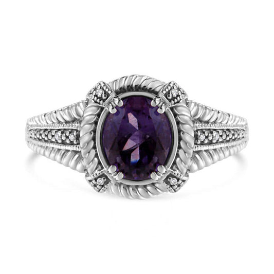 Original .925 Sterling Silver Prong Set Natural Oval Shape 9X7 MM Purple Amethyst Solitaire and Diamond Accent Ring