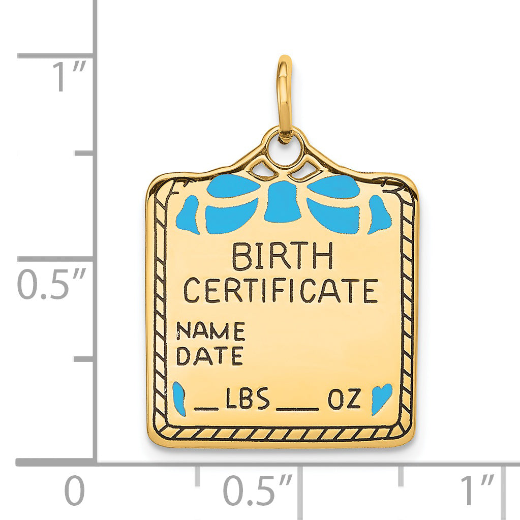 14k Yellow Gold 14k Enameled Blue Engravable Birth Certificate Charm