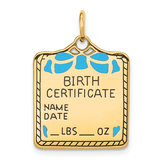 14k Yellow Gold 14k Enameled Blue Engravable Birth Certificate Charm