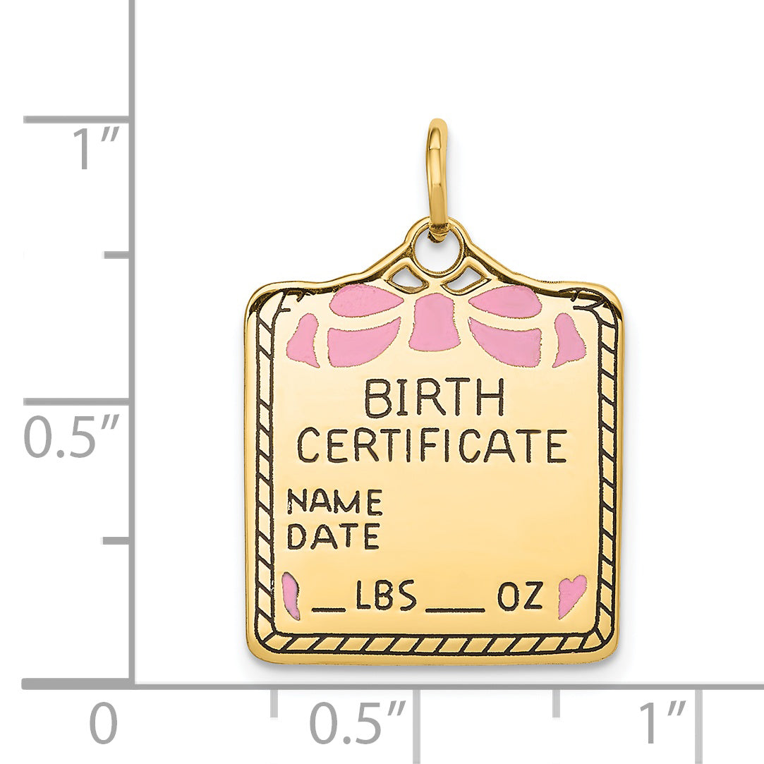 14k Yellow Gold 14k Enameled Pink Engravable Birth Certificate Charm