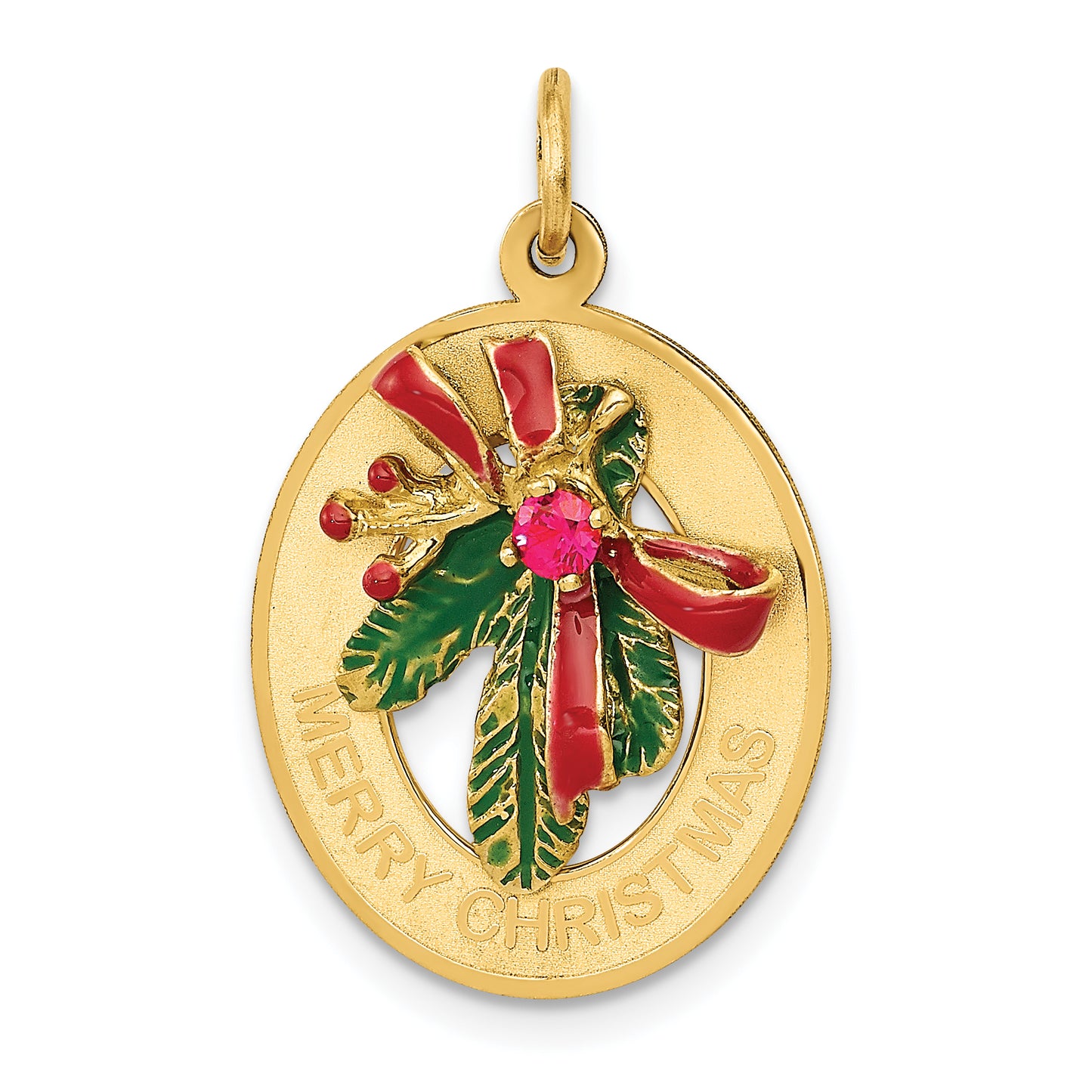 14k Yellow Gold 14k Enameled Mistletoe with Synthetic Stone Charm