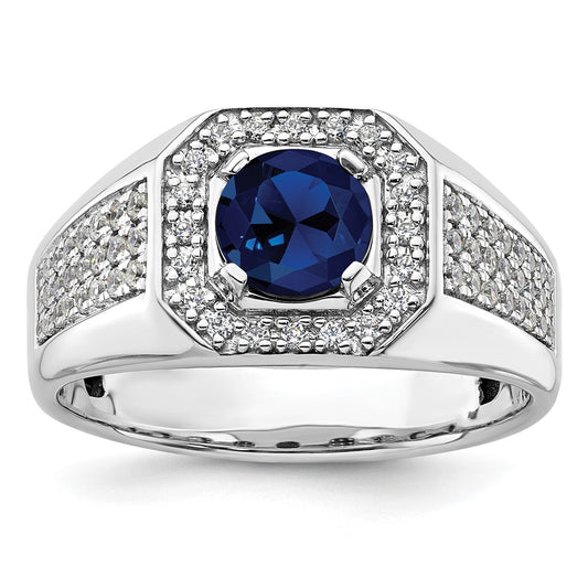 14k White Gold 14kw 1/2 ct Lab Grown Dia VS/SI+ G+ & Cr Blue Sapphire Complete Men's Ring