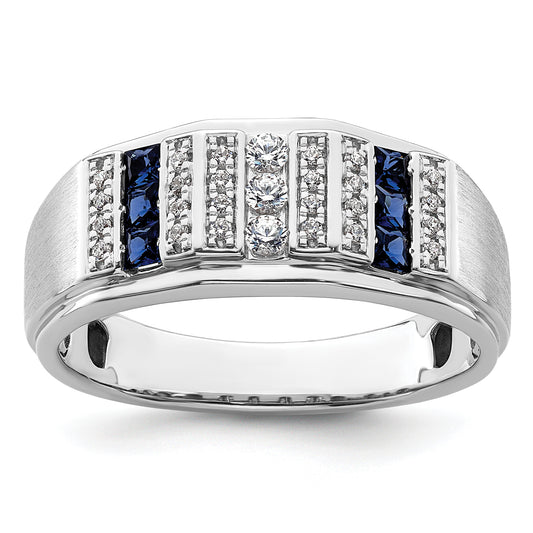 14k White Gold 1/5 Ct. Lab Grown Diamond VS/SI+ G+ and Lab Created Blue Sapphire Men's Ring