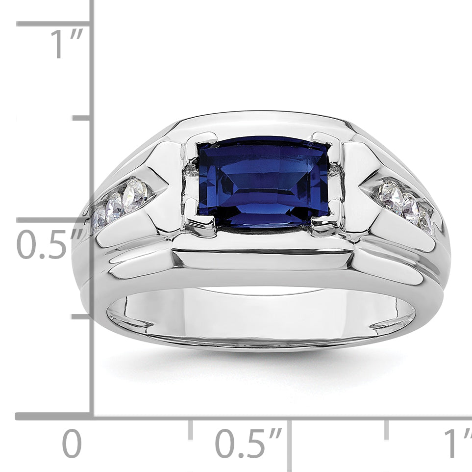 14k White Gold 1/4 Ct. Lab Grown Diamond VS/SI+ G+ and Lab Created Blue Sapphire Men's Ring