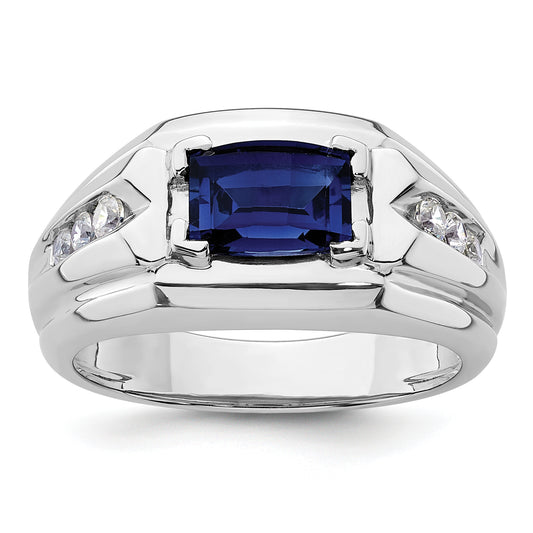 14k White Gold 1/4 Ct. Lab Grown Diamond VS/SI+ G+ and Lab Created Blue Sapphire Men's Ring