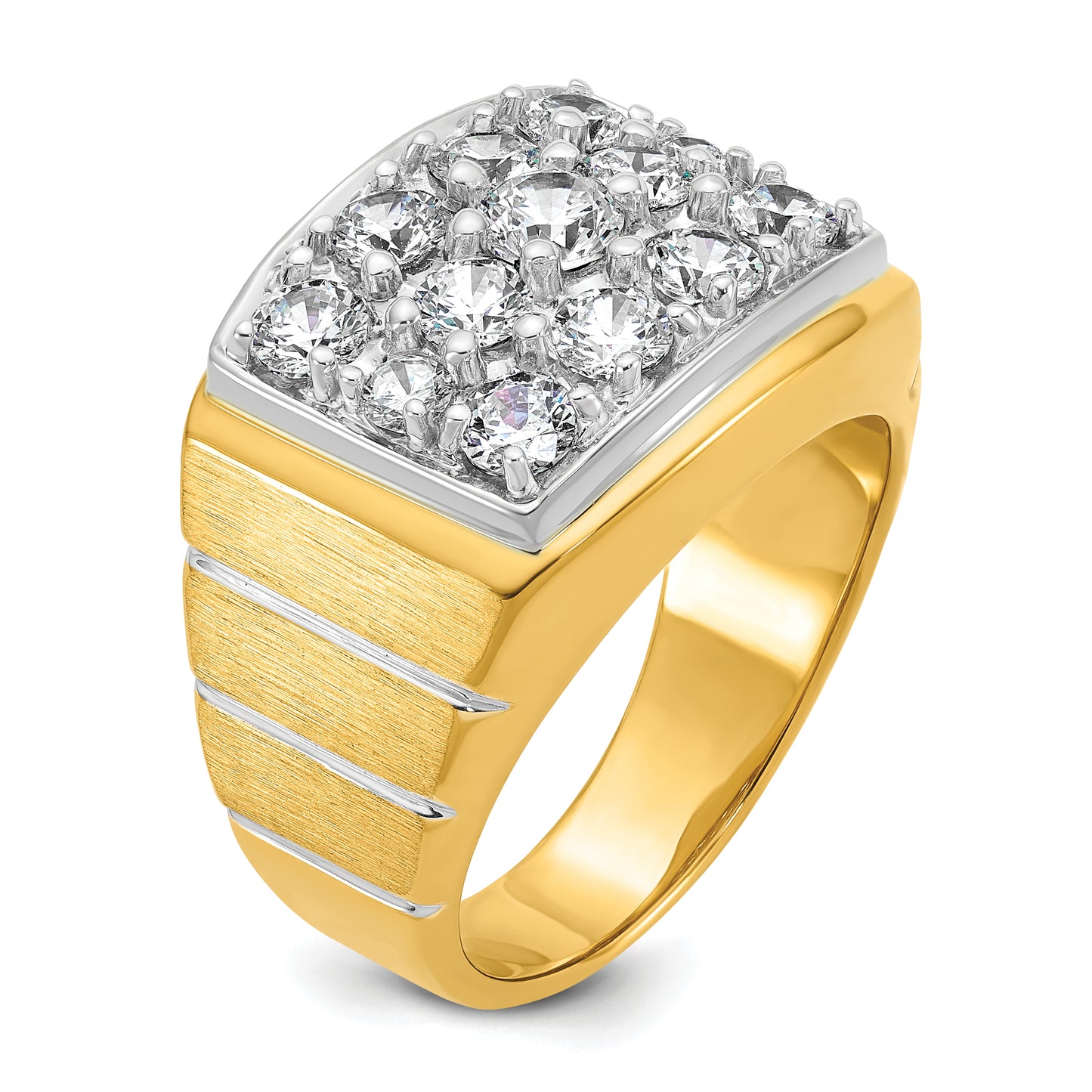 14k Two-tone with White Rhodium 1 7/8 Ct. Lab Grown Diamond VS/SI+ G+ Polished Satin and Grooved Men's Cluster Ring