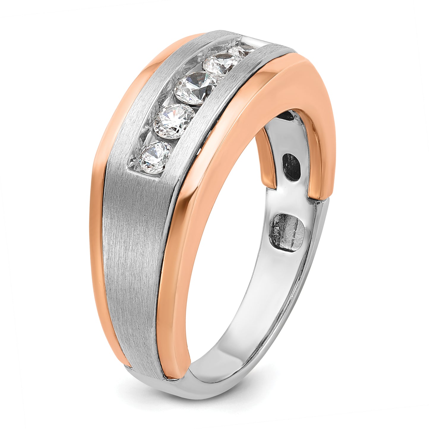 14K White/Rose Gold Ibgoodman White And Rose Men'S Polished Satin Grooved 5-Stone Ring