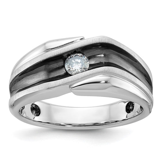 14k White Gold with Black Rhodium 1/5 Ct. Lab Grown Diamond VS/SI+ G+ Complete Polished Satin and Grooved Men's Ring