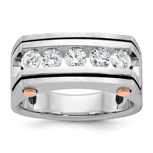 14K White/Rose Gold Two Tone Rose and White with Black Rhodium 1 Ct. Lab Grown Diamond VS/SI+ G+ Five Stone Polished Satin and Grooved Men's Ring