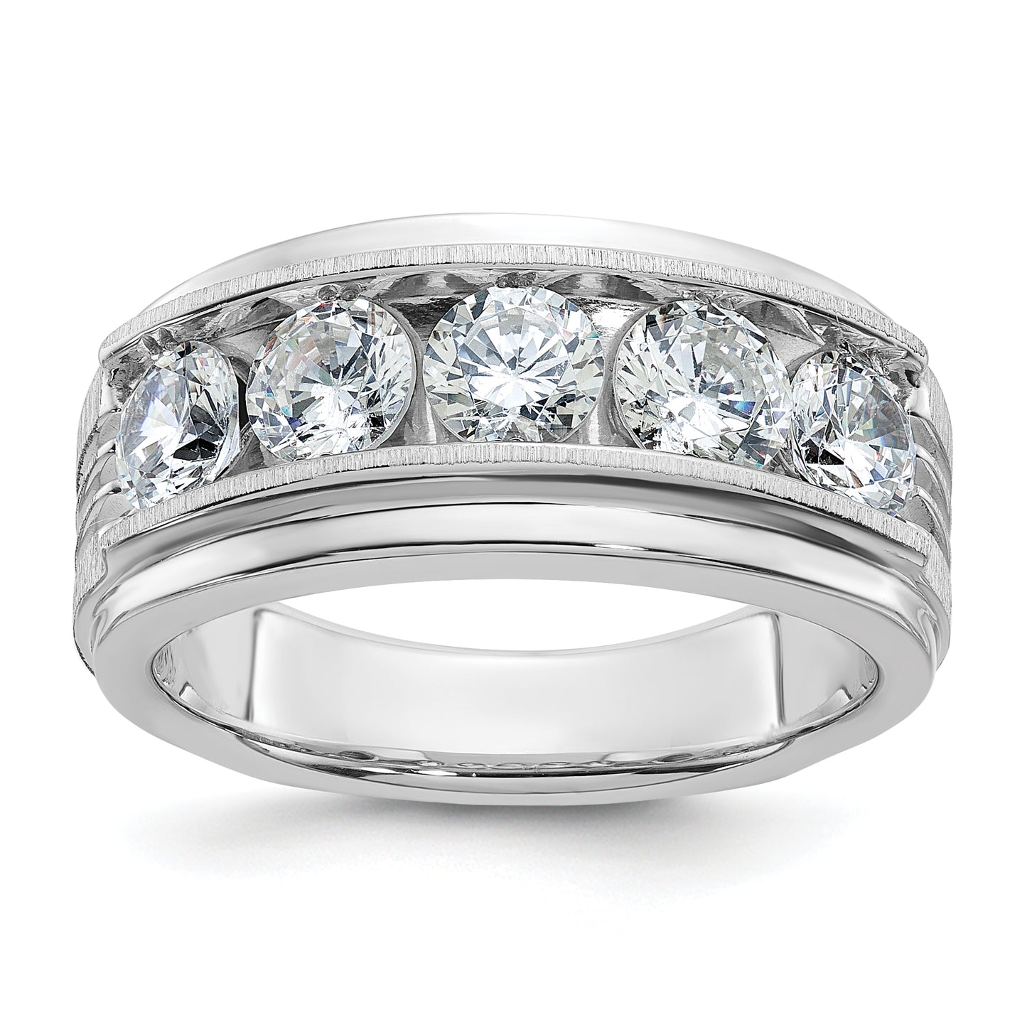 14k White Gold 2 Ct. Lab Grown Diamond VS/SI+ G+ Five Stone Polished Satin and Grooved Men's Ring