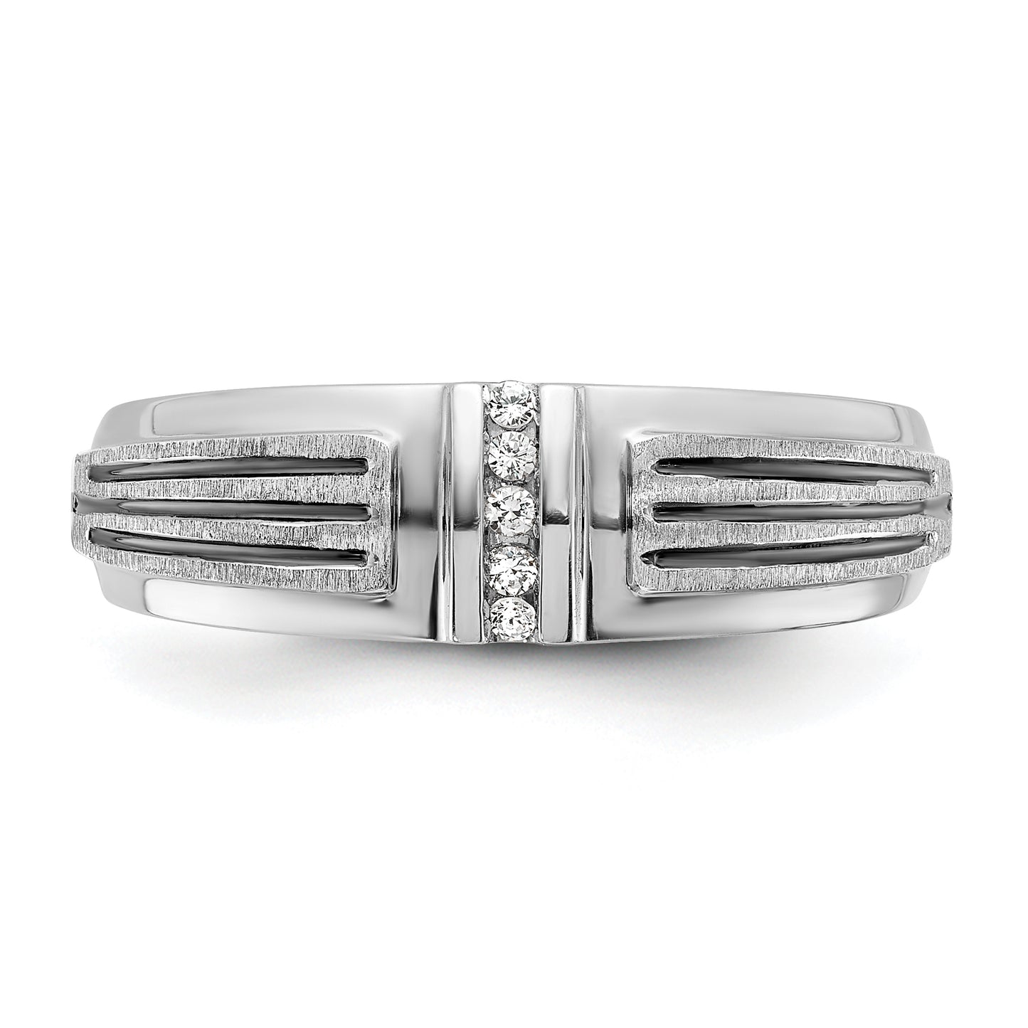 14k White Gold with Black Rhodium 1/20 Ct. Lab Grown Diamond VS/SI+ G+ Polished Satin and Grooved Five Stone Men's Ring