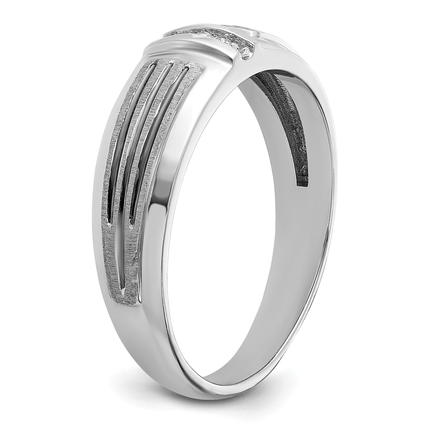 14k White Gold with Black Rhodium 1/20 Ct. Lab Grown Diamond VS/SI+ G+ Polished Satin and Grooved Five Stone Men's Ring