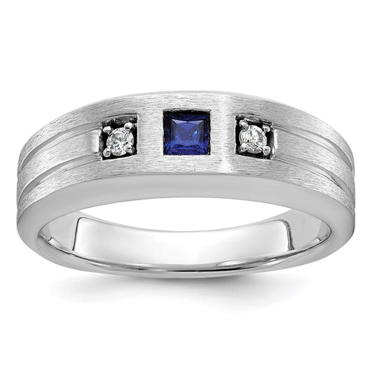 14k White Gold 1/15 Ct. Lab Grown Diamond VS/SI+ G+ and Lab Created Blue Sapphire Complete Men's Ring