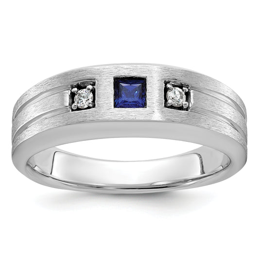 14k White Gold 1/15 Ct. Lab Grown Diamond VS/SI+ G+ and Lab Created Blue Sapphire Men's Ring