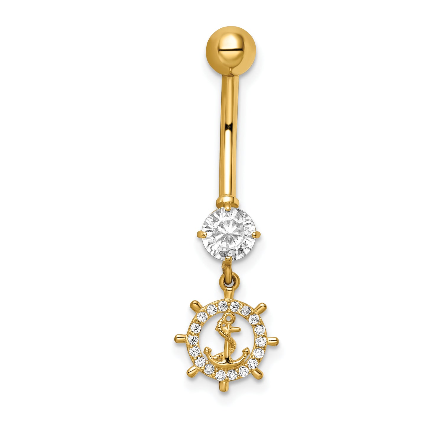 14K Yellow Gold 14 Gauge Cz Anchor & Ships Wheel Belly Ring