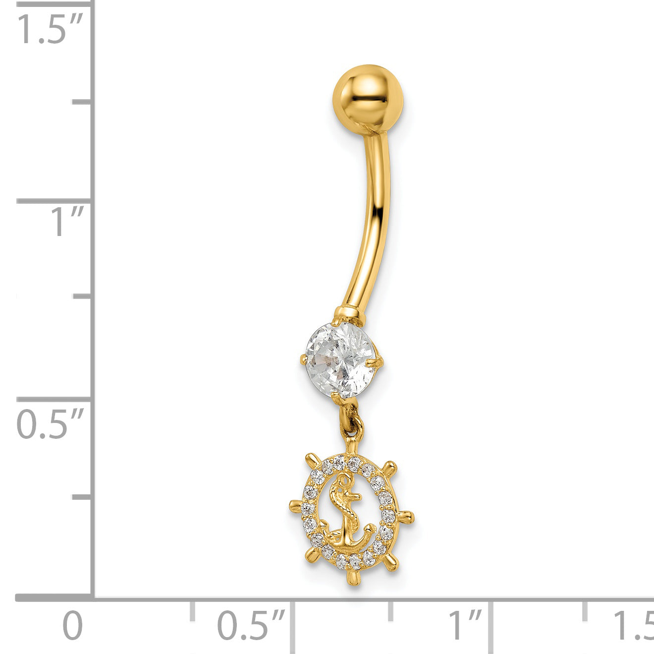 14K Yellow Gold 14 Gauge Cz Anchor & Ships Wheel Belly Ring