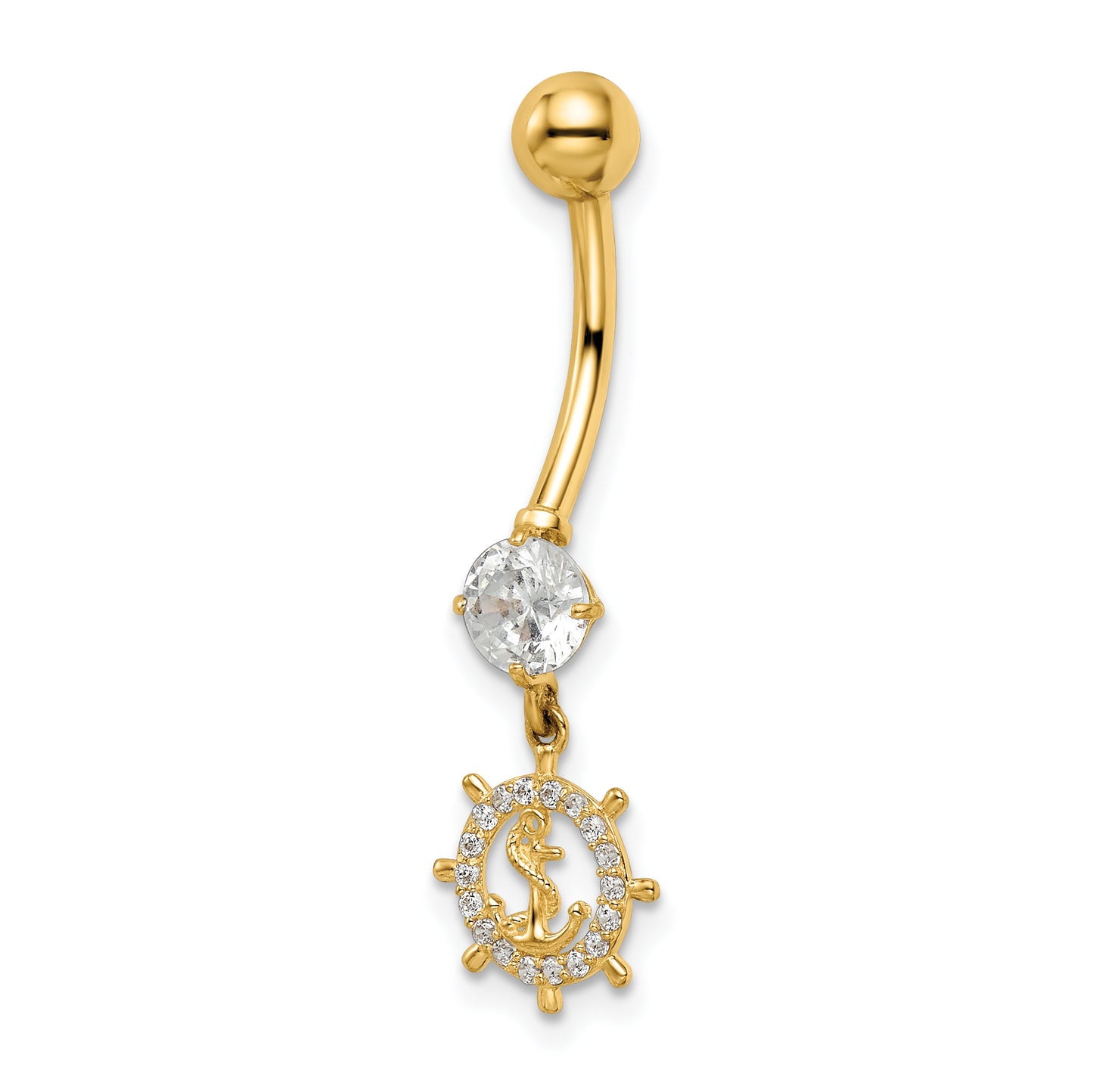 14K Yellow Gold 14 Gauge Cz Anchor & Ships Wheel Belly Ring