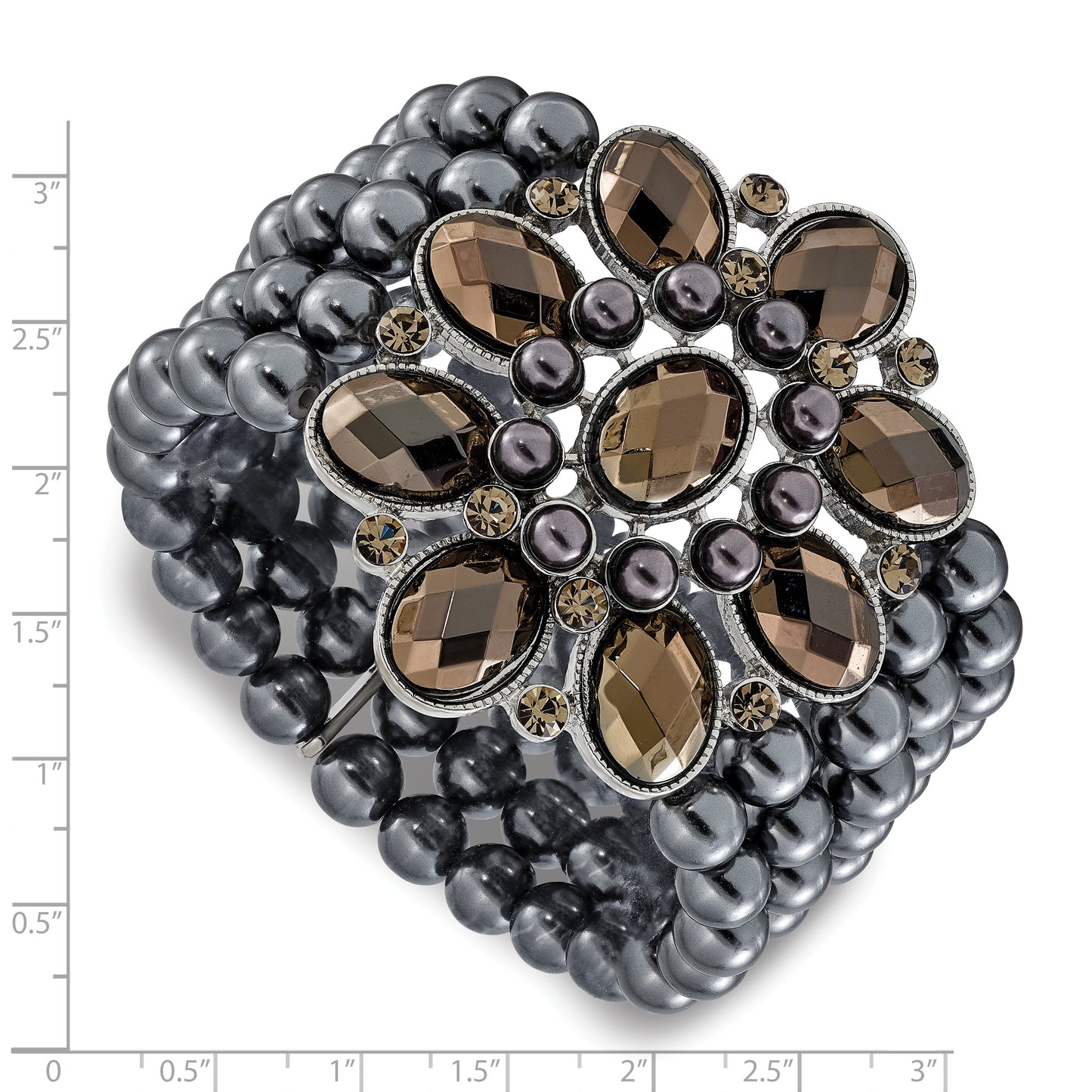 Fashion 1928 Jewelry Wide Black-Plated Floral Frame With Jet Black And Hematite Faceted Acrylic Beads Round Smooth Bead Five Row Stretch Bracelet