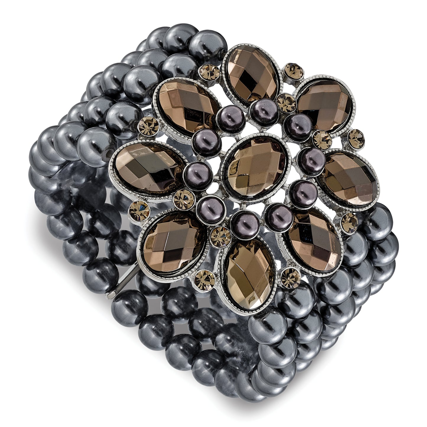 Fashion 1928 Jewelry Wide Black-Plated Floral Frame With Jet Black And Hematite Faceted Acrylic Beads Round Smooth Bead Five Row Stretch Bracelet