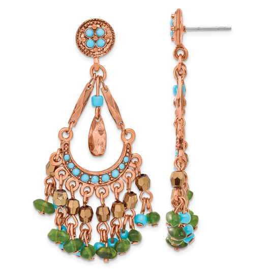 Fashion 1928 Jewelry Copper-Tone Green Teal Blue And Brown Faceted Acrylic Bead Chandelier Post Dangle Earrings