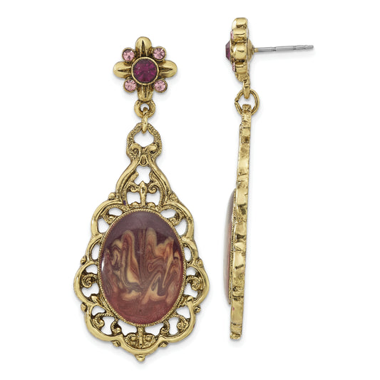 Fashion 1928 Jewelry Brass-Tone Filigree Frame Purple Crystal Oval Enamel Teardrop Dangle Post Earrings