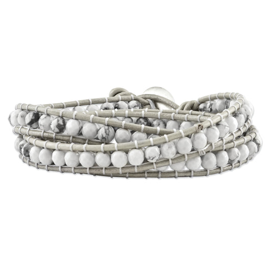 21 Inch White Howlite Beaded And Leather Multi-Wrap Bracelet