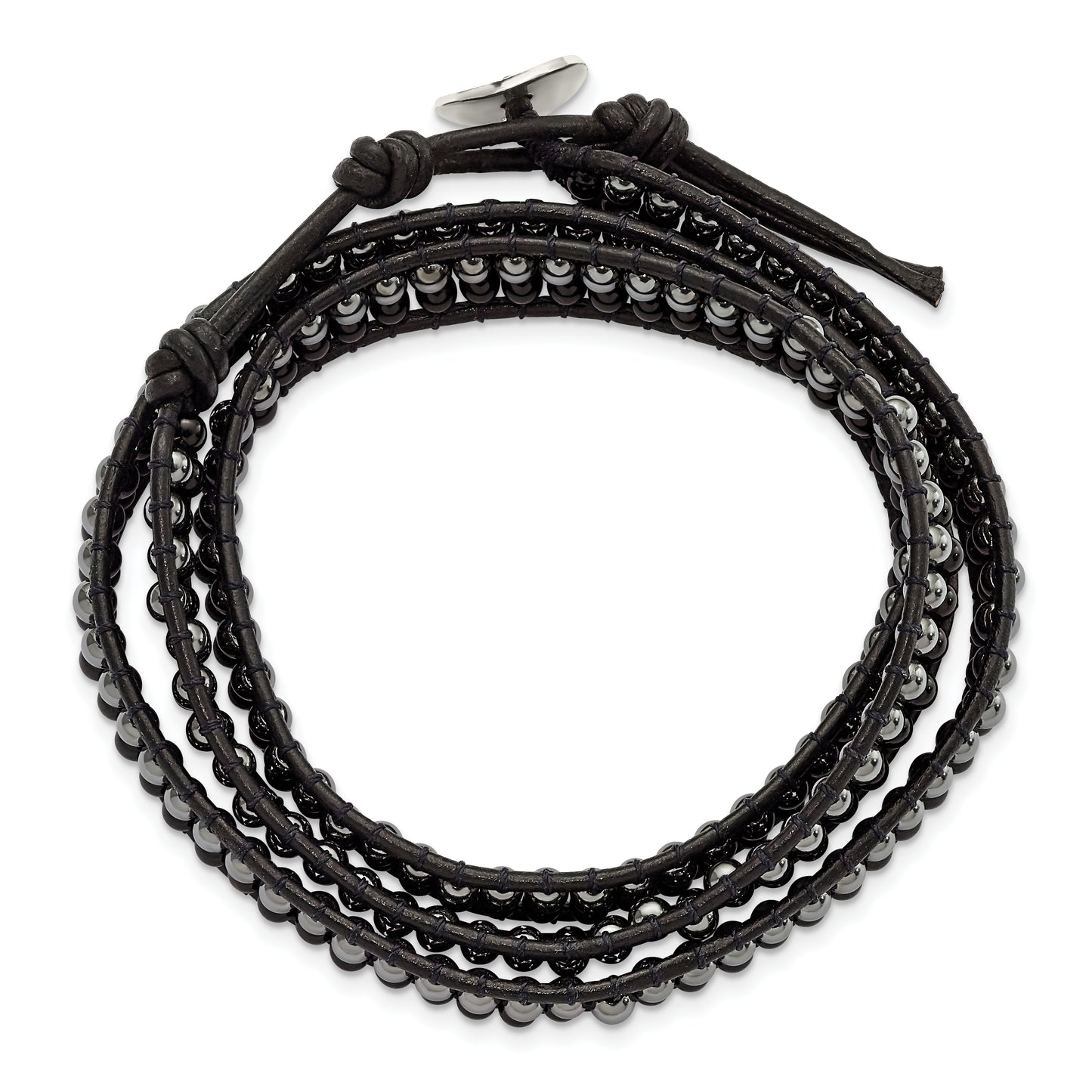 21 Inch Black Agate And Hematite Bead Leather Multi-Wrap Bracelet