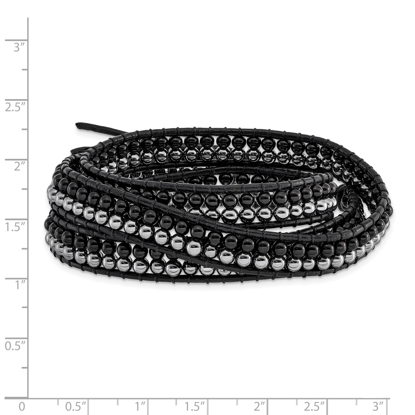 21 Inch Black Agate And Hematite Bead Leather Multi-Wrap Bracelet