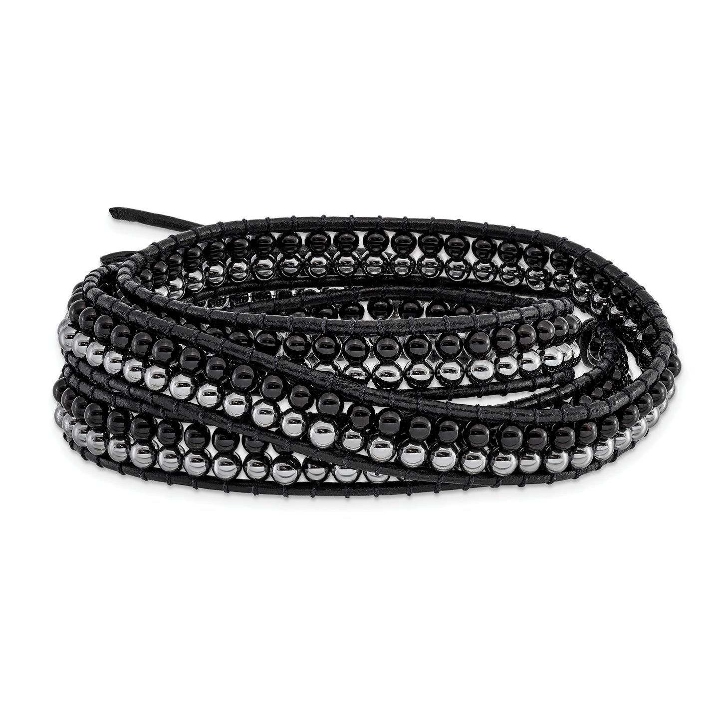 21 Inch Black Agate And Hematite Bead Leather Multi-Wrap Bracelet