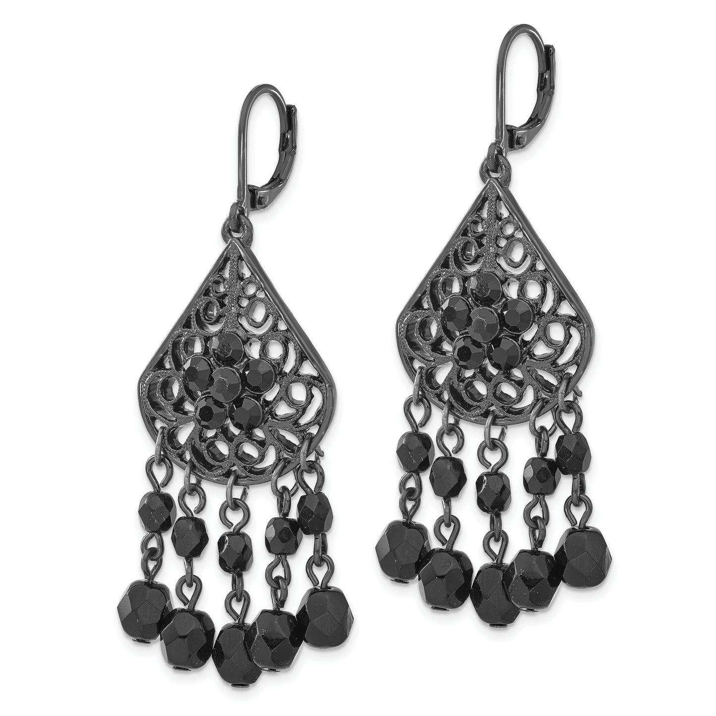 Fashion 1928 Jewelry Black-Plated Filigree Pear Shaped And Faceted Jet Black Epoxy Stones Dangle Leverback Earrings