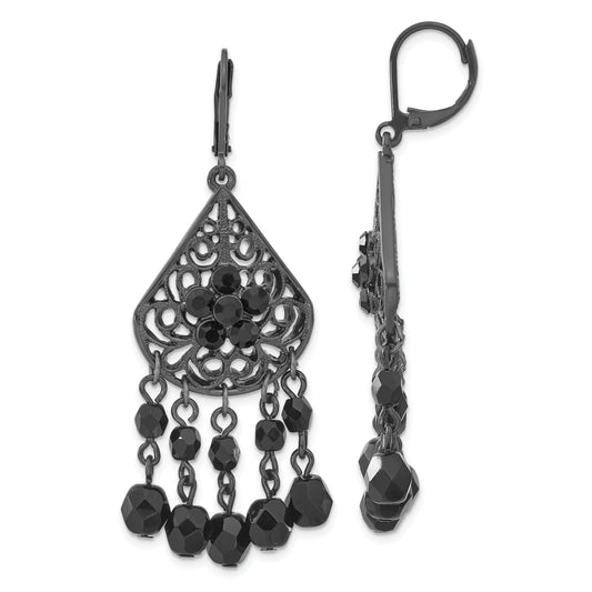 Fashion 1928 Jewelry Black-Plated Filigree Pear Shaped And Faceted Jet Black Epoxy Stones Dangle Leverback Earrings