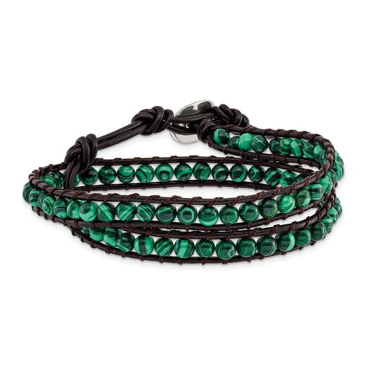 13 Inch 6mm Green Malachite Beads Leather Cord Multi Wrap Bracelet