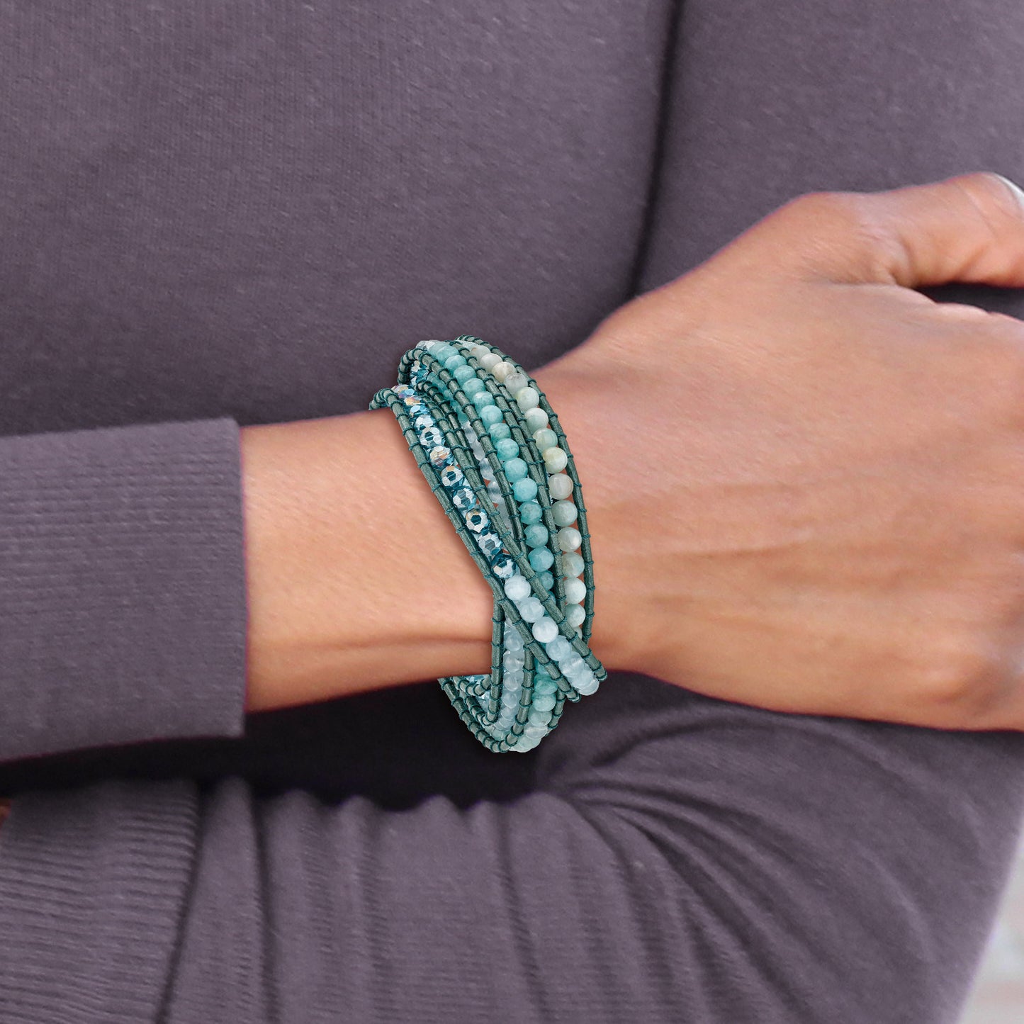 34 Inch Amazonite/Crystal/Blue Quartz/Leather Multi-Wrap Bracelet