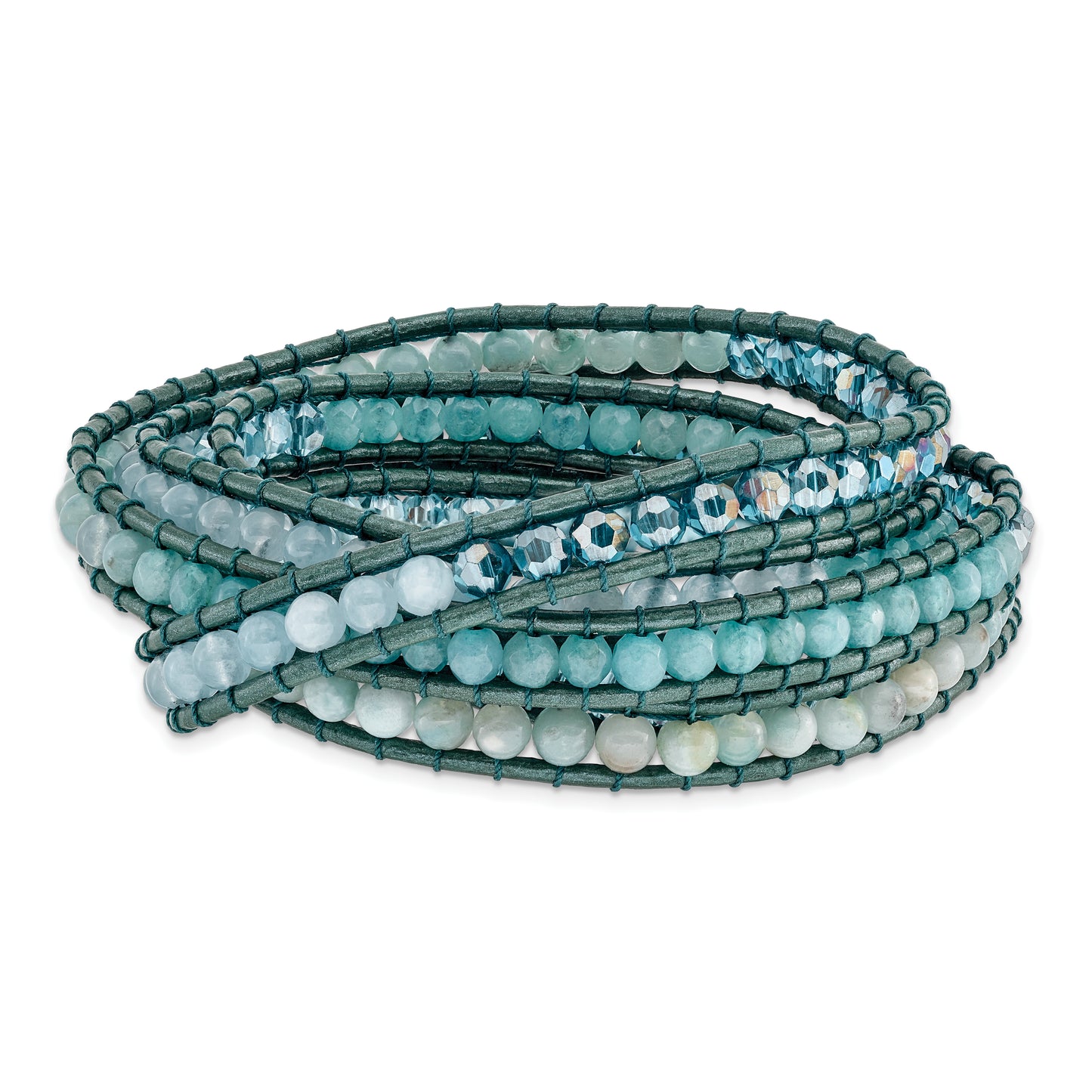 34 Inch Amazonite/Crystal/Blue Quartz/Leather Multi-Wrap Bracelet