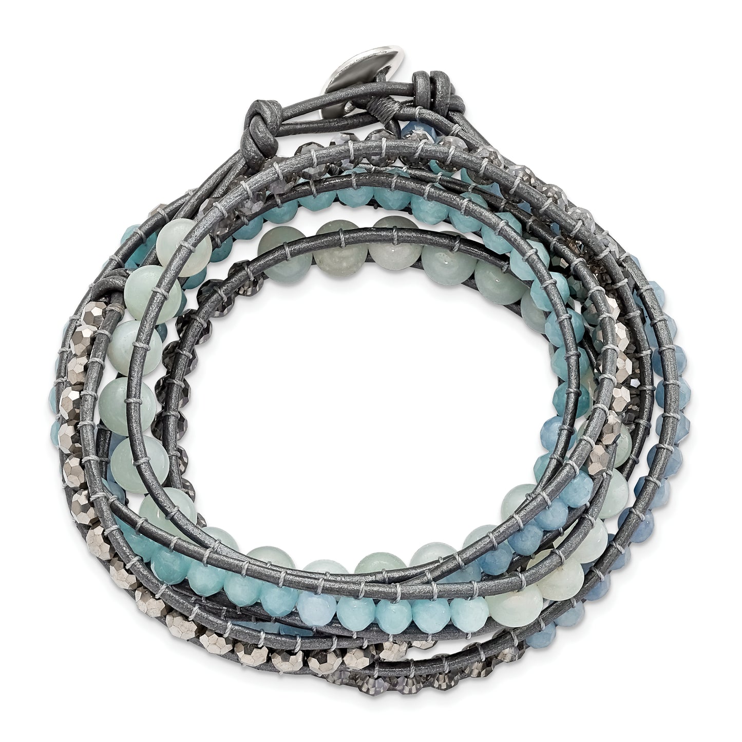 34 Inch Aquamarine/Blue Quartz/Crystal/Leather Multi-Wrap Bracelet