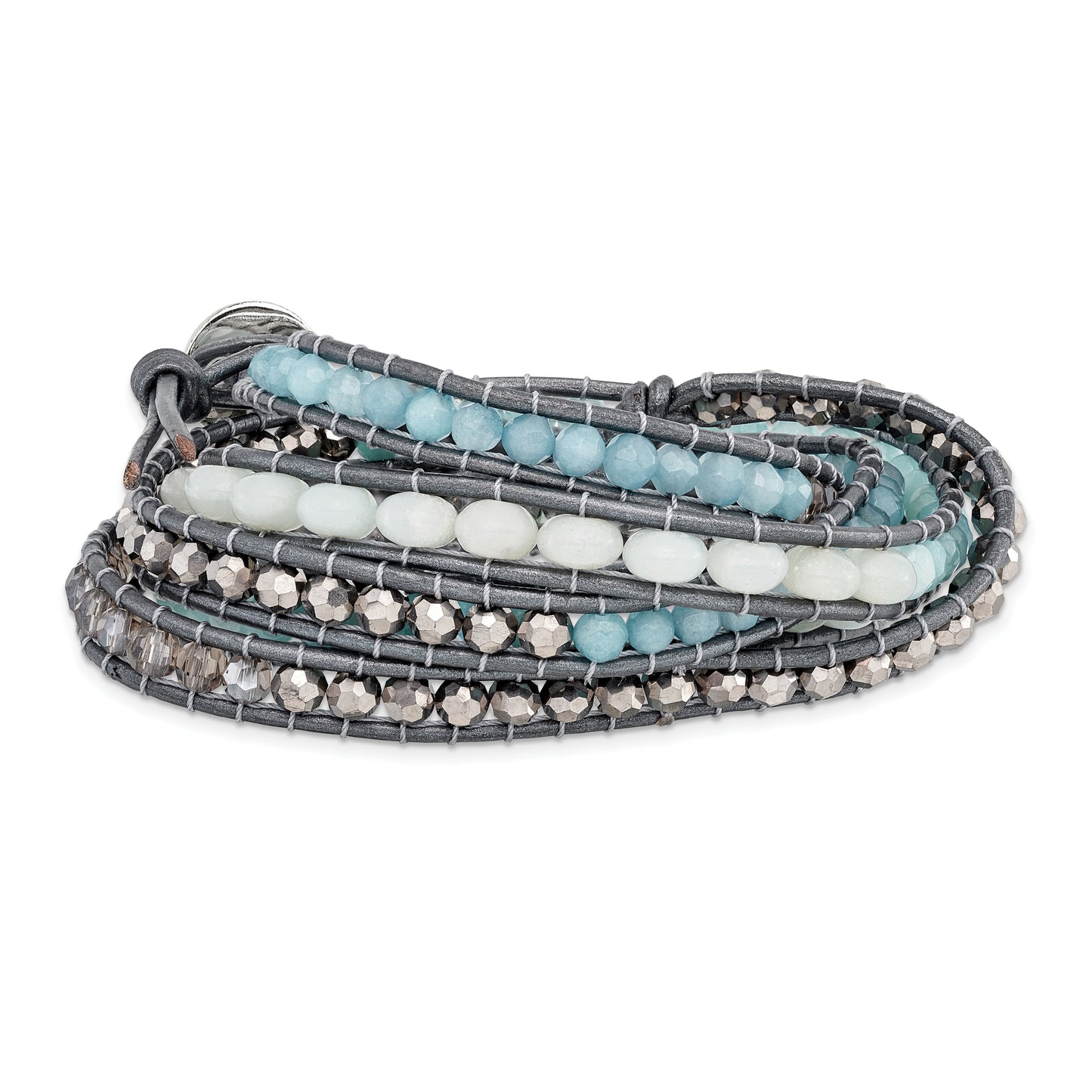 34 Inch Aquamarine/Blue Quartz/Crystal/Leather Multi-Wrap Bracelet