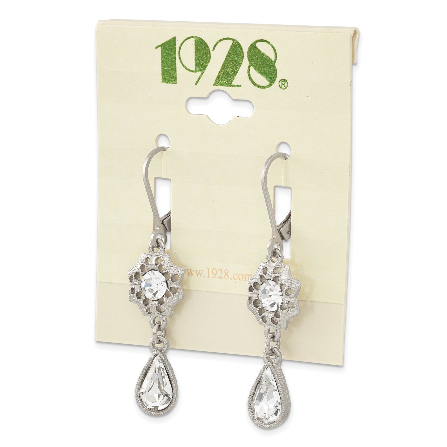 Fashion 1928 Jewelry Silver-Tone Fligree Floral Frame With Clear Crystal Center And Teardrop Dangle Leverback Earrings