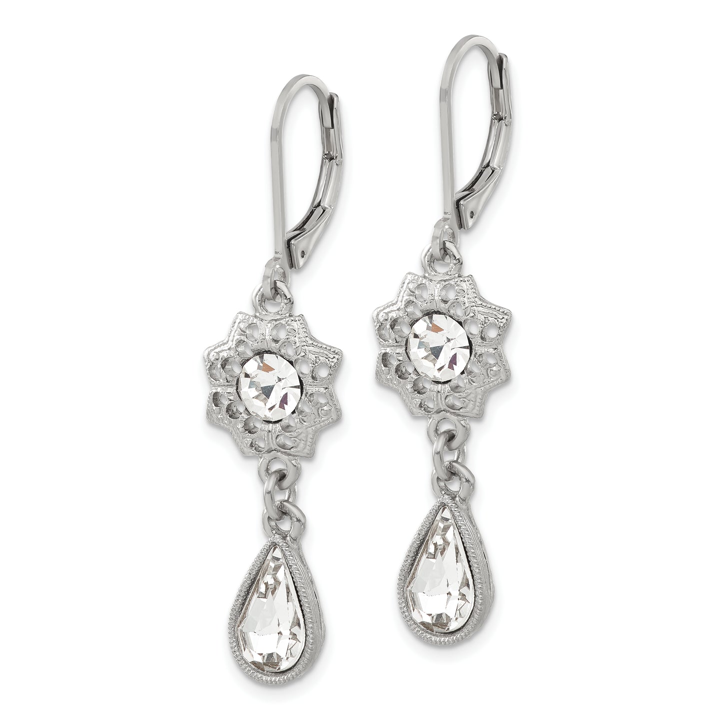 Fashion 1928 Jewelry Silver-Tone Fligree Floral Frame With Clear Crystal Center And Teardrop Dangle Leverback Earrings