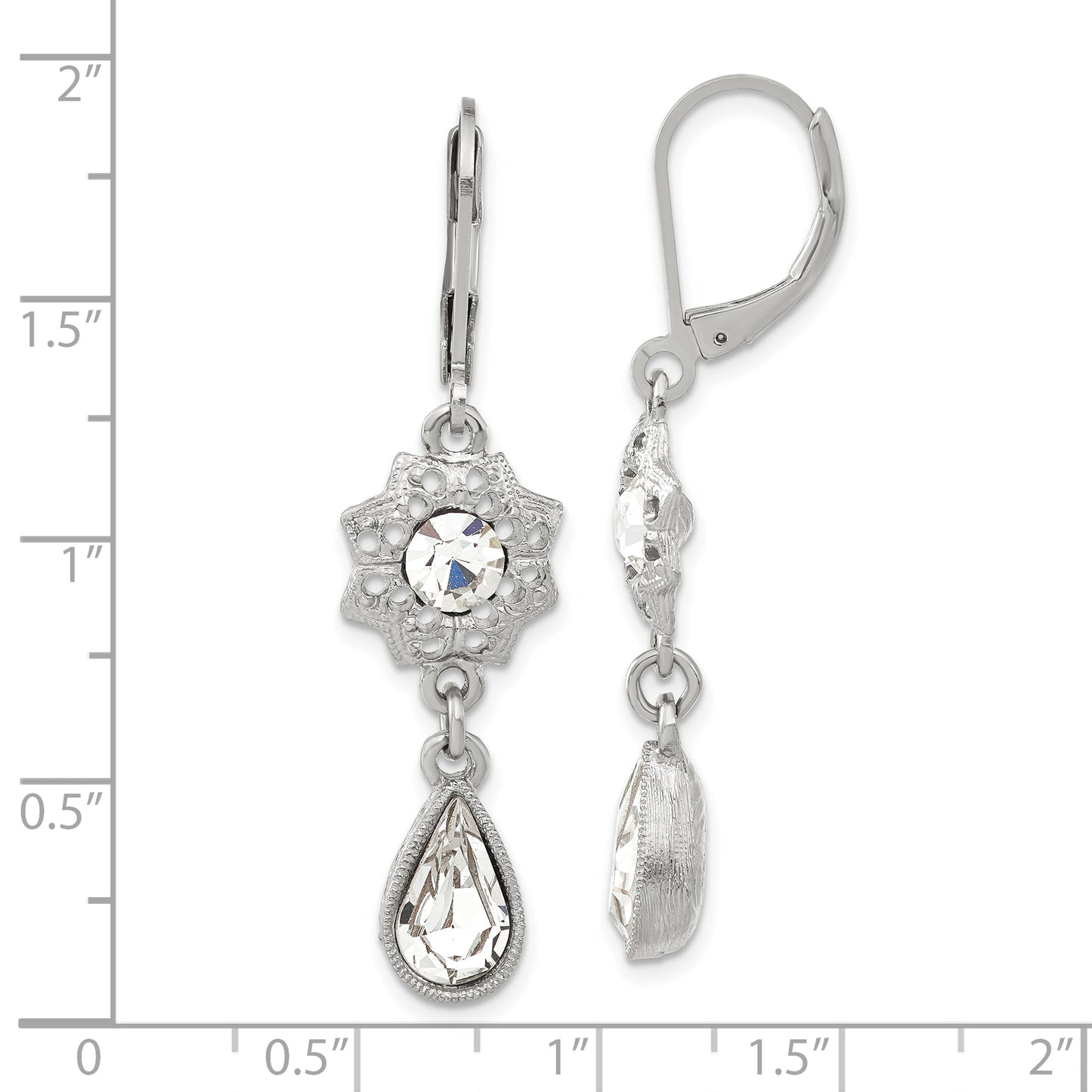 Fashion 1928 Jewelry Silver-Tone Fligree Floral Frame With Clear Crystal Center And Teardrop Dangle Leverback Earrings