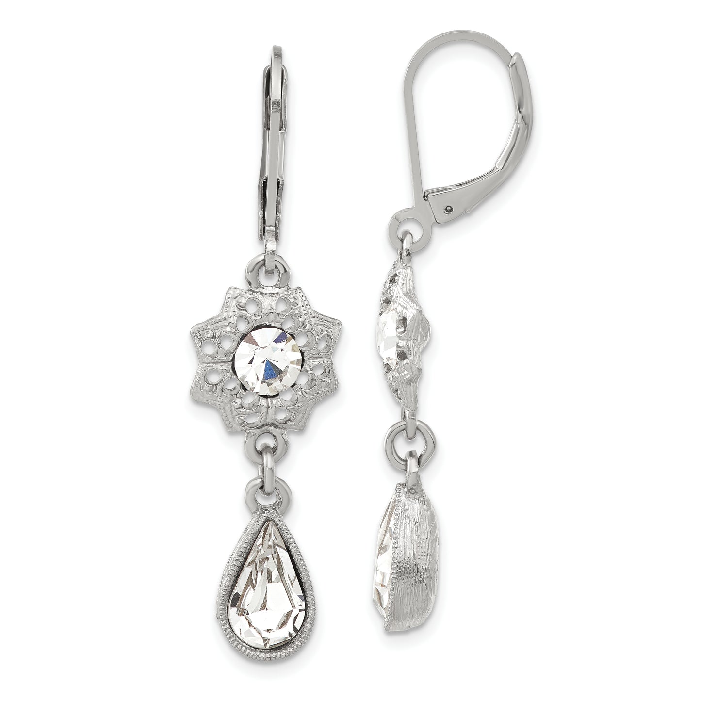 Fashion 1928 Jewelry Silver-Tone Fligree Floral Frame With Clear Crystal Center And Teardrop Dangle Leverback Earrings