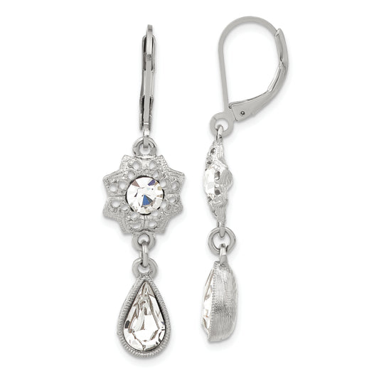 Fashion 1928 Jewelry Silver-Tone Fligree Floral Frame With Clear Crystal Center And Teardrop Dangle Leverback Earrings