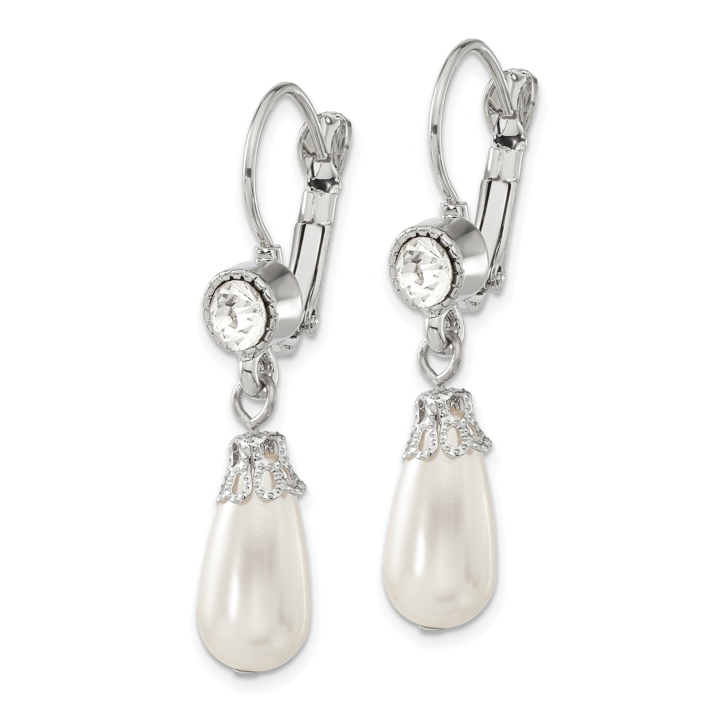 Fashion 1928 Jewelry Silver-Tone Clear Crystal Imitation Pearl Teardrop Dangle Leverback Earrings