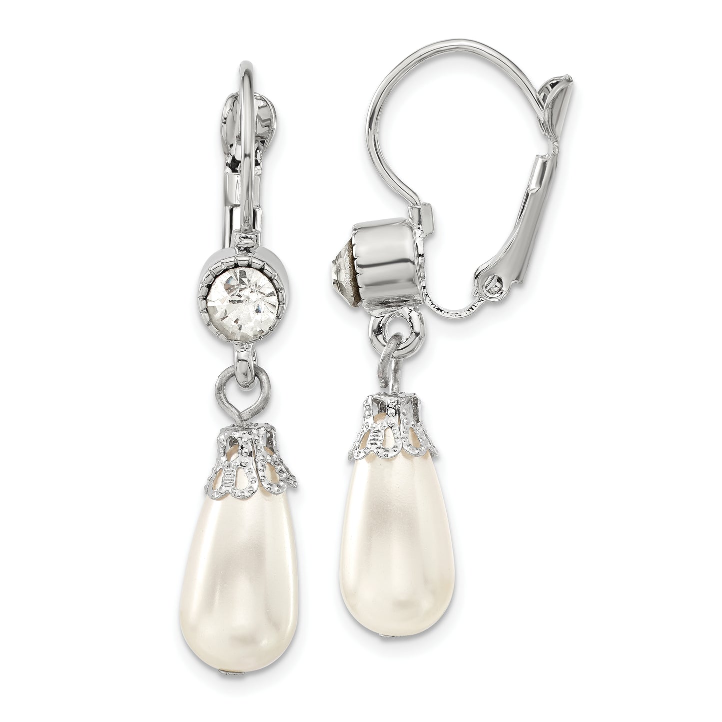 Fashion 1928 Jewelry Silver-Tone Clear Crystal Imitation Pearl Teardrop Dangle Leverback Earrings