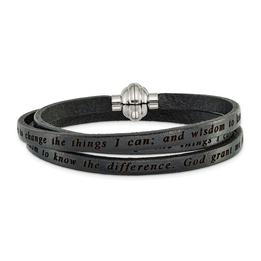 AMEN Stainless Steel Serenity Prayer Black Leather Wrap with Magnetic Clasp 23.5 Inch Bracelet