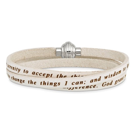 Stainless Steel Amen Serenity Prayer White Leather Wrap With Magnetic Clasp 23.5 Inch Bracelet