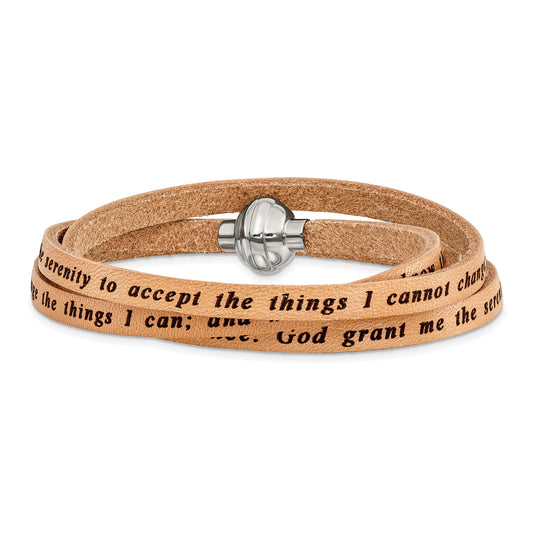 AMEN Stainless Steel Serenity Prayer Tan Leather Wrap with Magnetic Clasp 23.5 Inch Bracelet