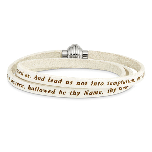 Stainless Steel Amen Lord'S Prayer White Leather Wrap With Magnetic Clasp 21 Inch Bracelet