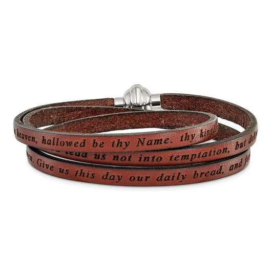 AMEN Stainless Steel Lord's Prayer Brown Leather Wrap with Magnetic Clasp with Magnetic Clasp 23.5 Inch Bracelet