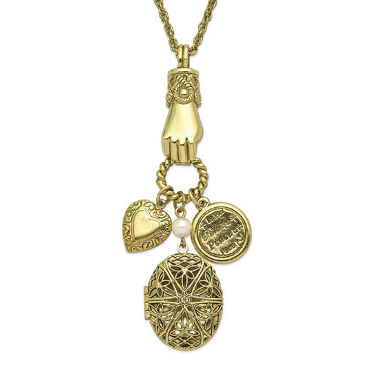 Fashion 1928 Jewelry Brass-Tone Hand Holding Oval 28mm Locket And Polished Heart Peace Charm 30 Inch Necklace Holds 2 Photos